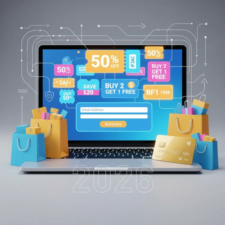 Illustration of discount coupons and newsletter sign-up on a laptop, symbolizing discount stacking for savings.