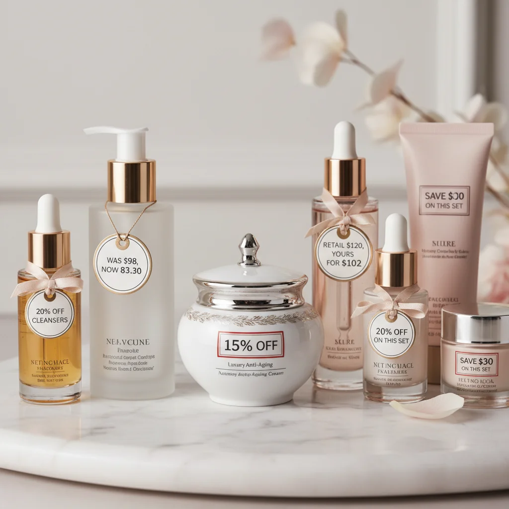 Assortment of high-end skincare products with discount labels, representing beauty bargains.