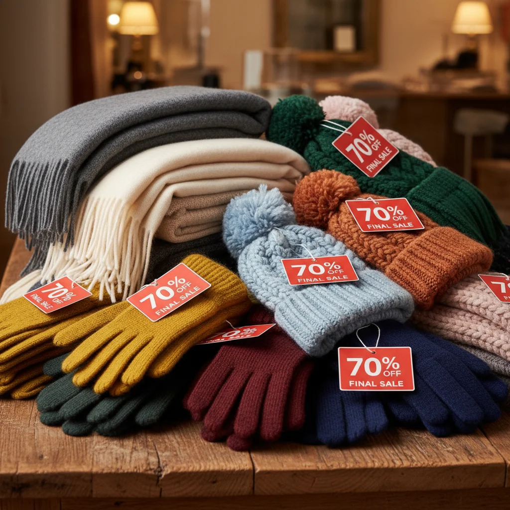 Close-up of neatly folded discounted winter accessories like scarves, gloves, and hats.