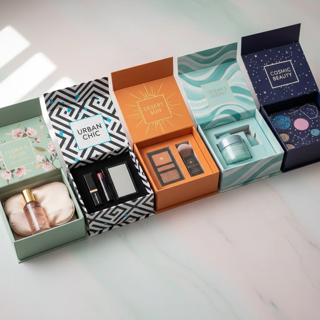 Five different beauty subscription boxes showcasing their unique branding and product offerings.