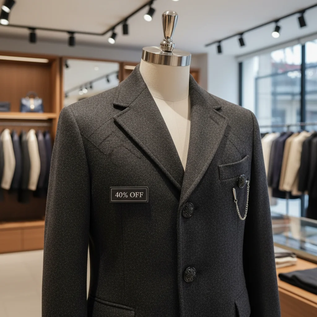 Elegant dark wool coat with 40% off tag on a mannequin