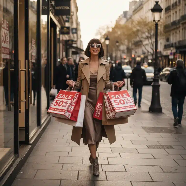 Woman with shopping bags after successful end-of-season sale shopping