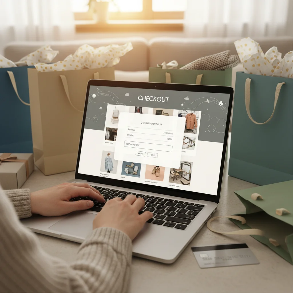 Hands entering promo code on laptop during online checkout