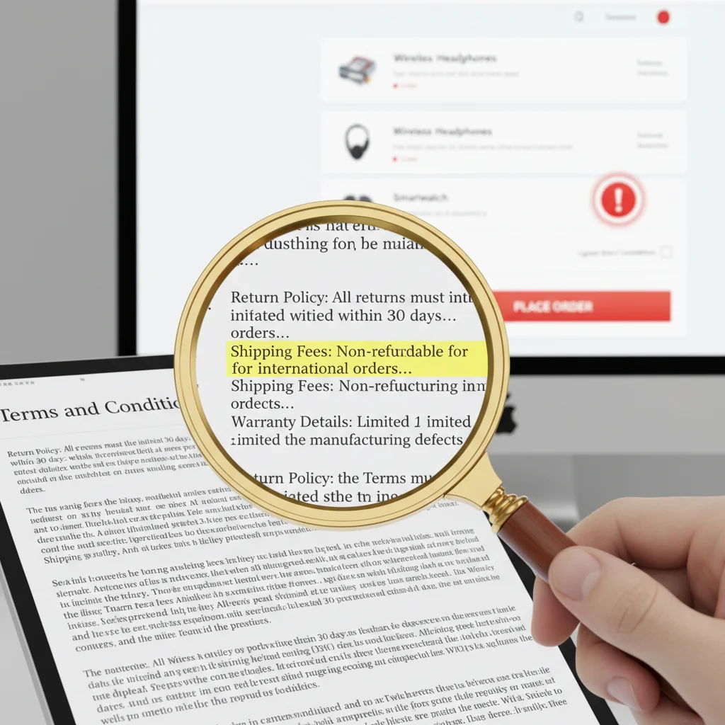 Magnifying glass examining fine print on an e-commerce website's terms and conditions.
