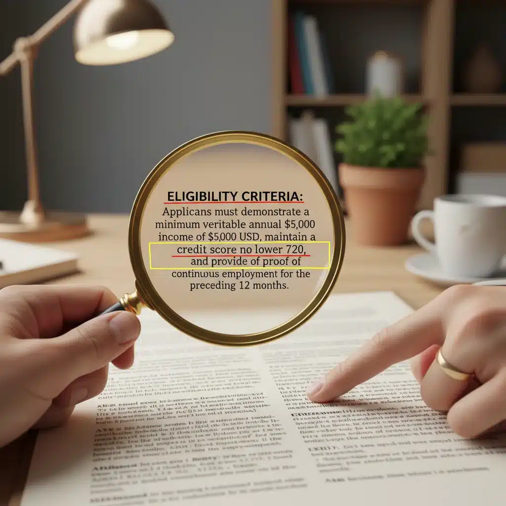 Magnifying glass examining fine print of eligibility criteria document.