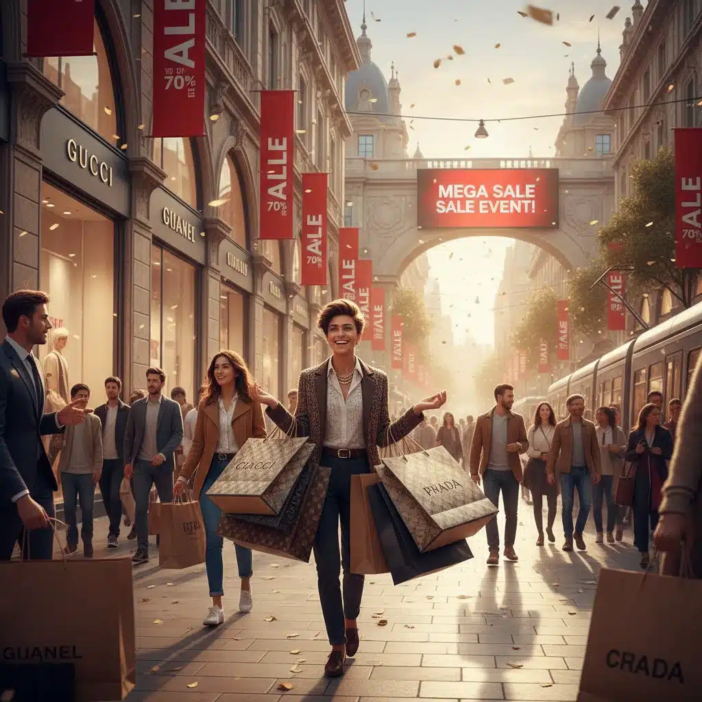 Happy shopper with multiple luxury brand shopping bags during a sale.
