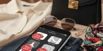 Mobile phone showing exclusive app-only fashion deals with 15% off discounts.