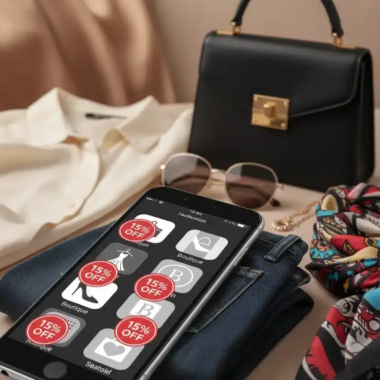 Mobile phone showing exclusive app-only fashion deals with 15% off discounts.