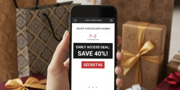 Hand holding smartphone displaying an exclusive deal newsletter with shopping bags