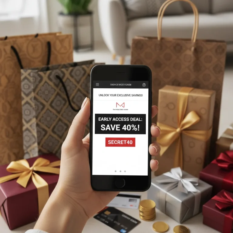 Hand holding smartphone displaying an exclusive deal newsletter with shopping bags
