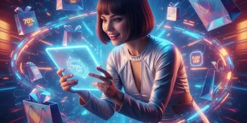 Woman shopping online for exclusive deals on a futuristic tablet