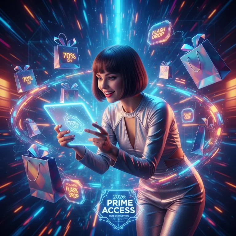 Woman shopping online for exclusive deals on a futuristic tablet