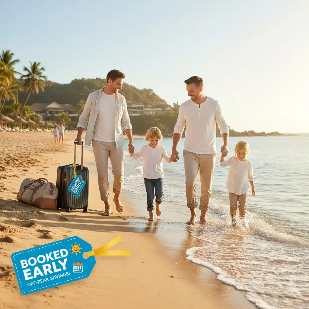 Family on beach vacation showcasing early travel booking benefits