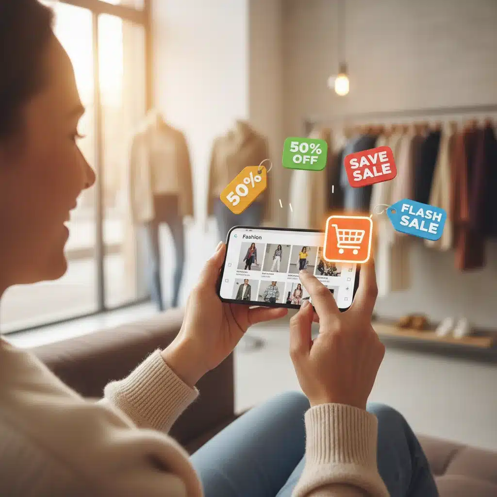 Happy shopper finding exclusive discounts on a fashion app.