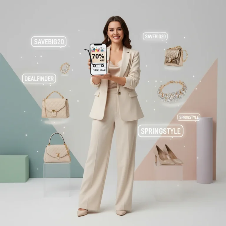 Woman finding discount code on phone for fashion shopping