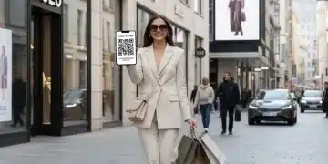 Woman happily stacking fashion discounts in 2026 with shopping bags and phone