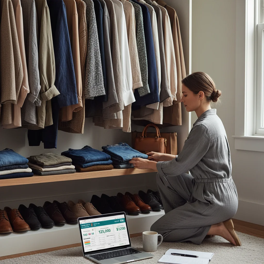 Organized closet with laptop showing credit card rewards, symbolizing savvy financial management for fashion