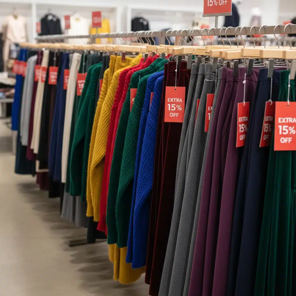 Clothing rack with 'extra 15% off' sale tags on diverse fashion items.