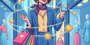 Woman happily shopping with loyalty app, earning fashion rewards