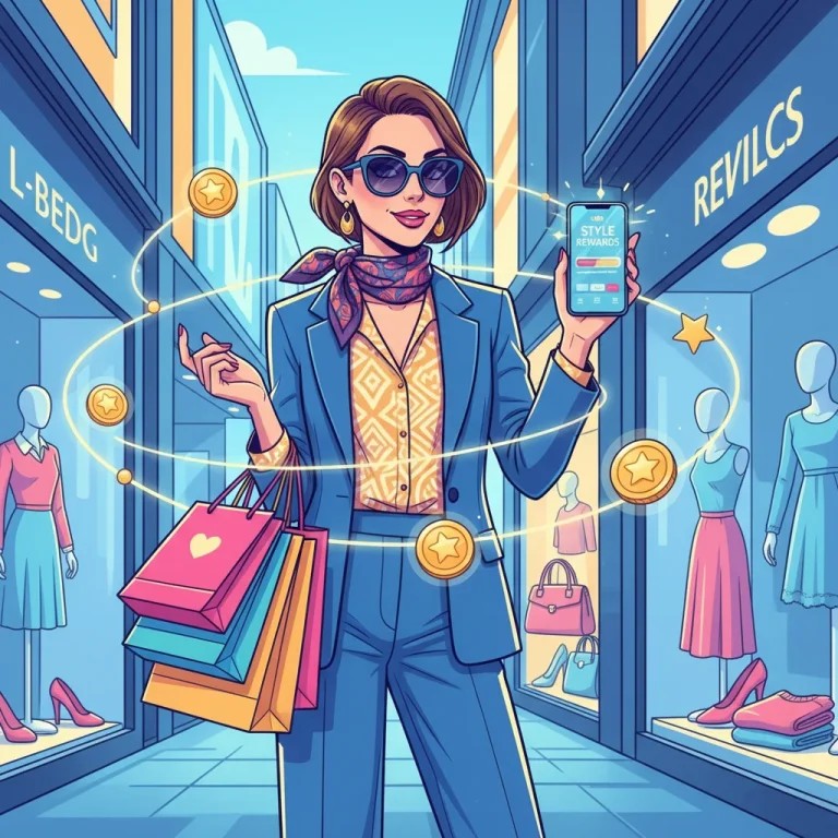 Woman happily shopping with loyalty app, earning fashion rewards