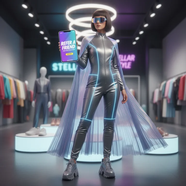 Stylish woman with smartphone showing a fashion referral discount in 2026