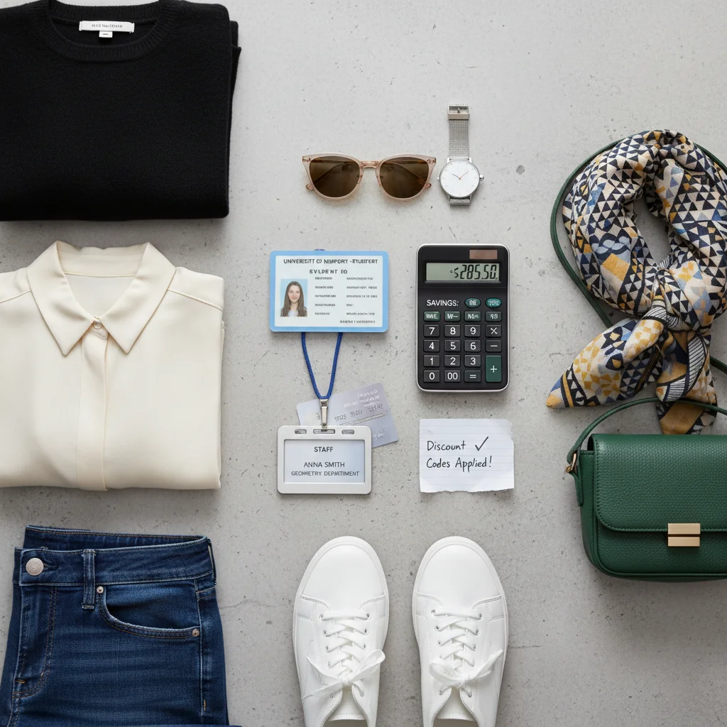 Fashion items with calculator showing savings and an ID card