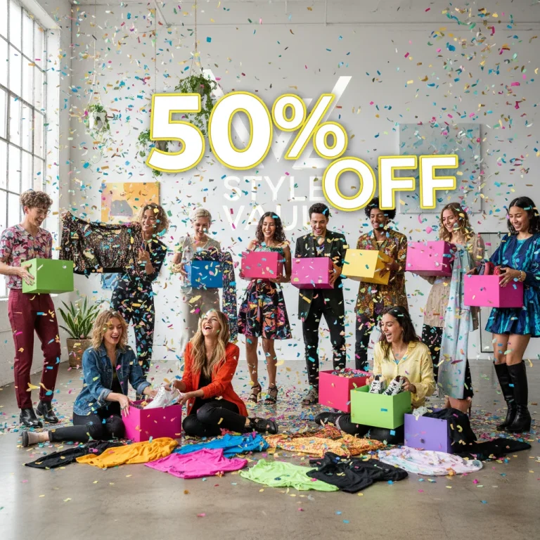 People happily unboxing fashion subscription boxes with a 50% off label
