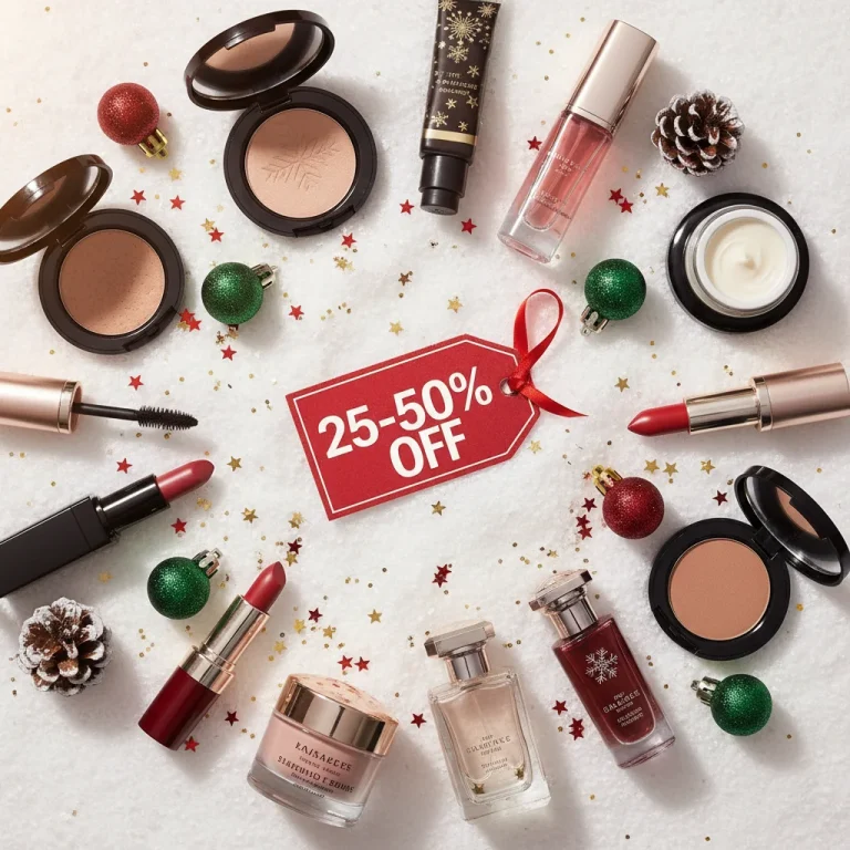 Festive beauty products with holiday decorations and a '25-50% Off' sale tag, representing holiday beauty sales.