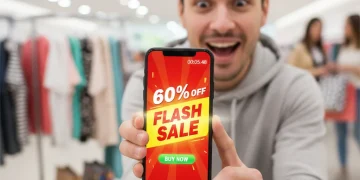 Woman enthusiastically engaging with a flash sale on her phone, showing significant savings.