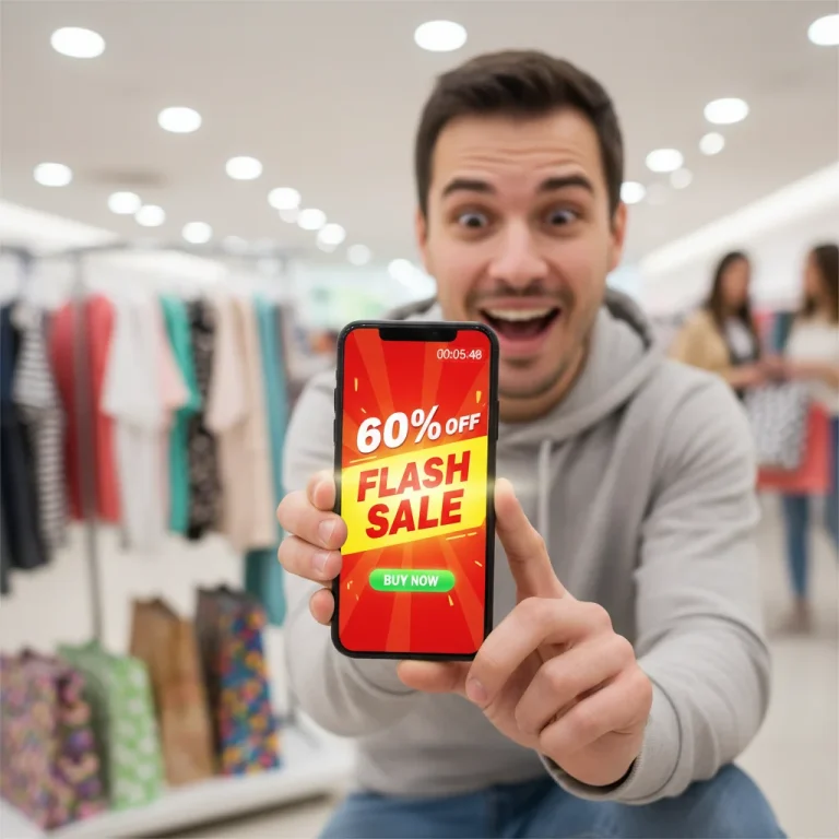 Woman enthusiastically engaging with a flash sale on her phone, showing significant savings.