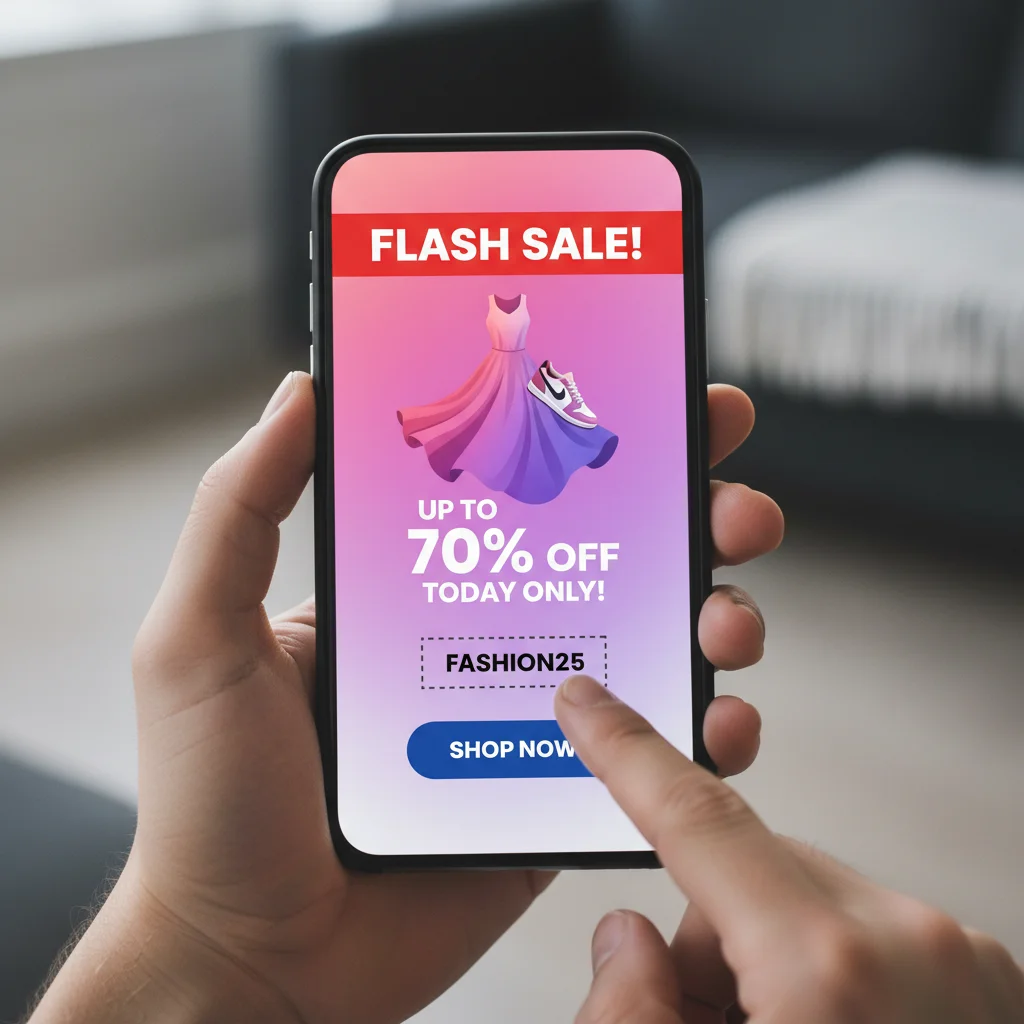 Smartphone displaying an irresistible flash sale notification for fashion.