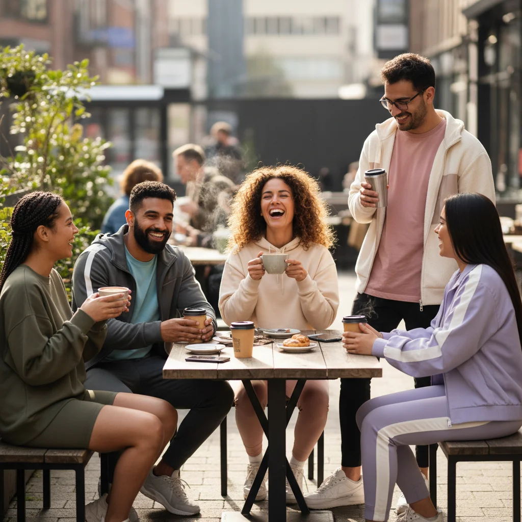 Friends wearing versatile athleisure wear enjoying coffee together