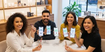 Friends engaging with beauty referral programs on their phones, earning credits.