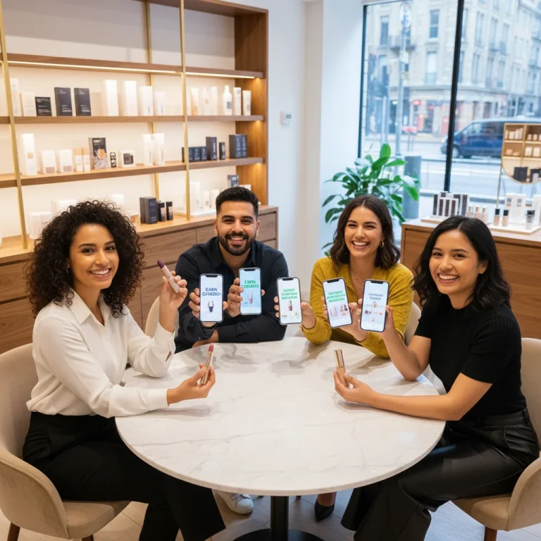 Friends engaging with beauty referral programs on their phones, earning credits.