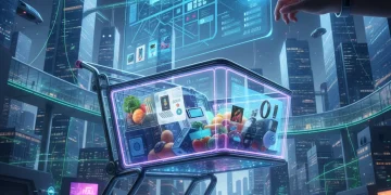 Futuristic shopping cart with digital interfaces, optimizing online purchases in 2026
