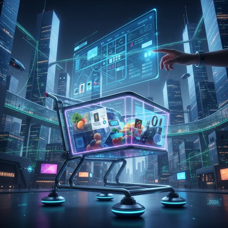 Futuristic shopping cart with digital interfaces, optimizing online purchases in 2026