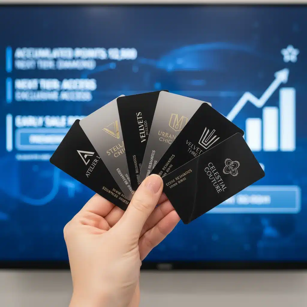 Hand holding multiple fashion brand loyalty cards with digital benefits display