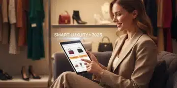 Woman browsing high-end fashion resale platforms on a tablet