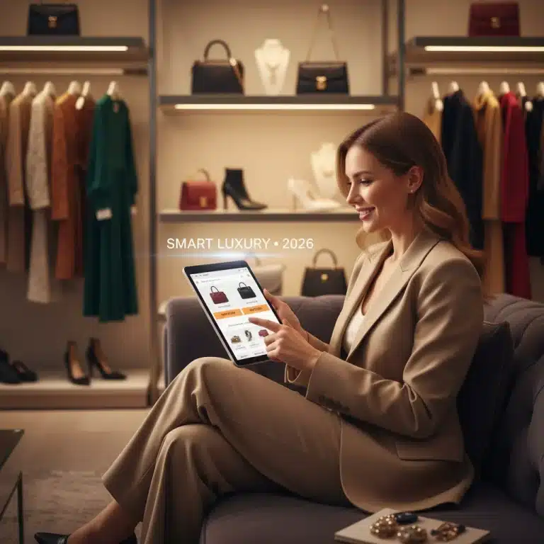 Woman browsing high-end fashion resale platforms on a tablet