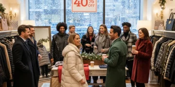 People happily shopping for winter outerwear with a 40% off sale banner
