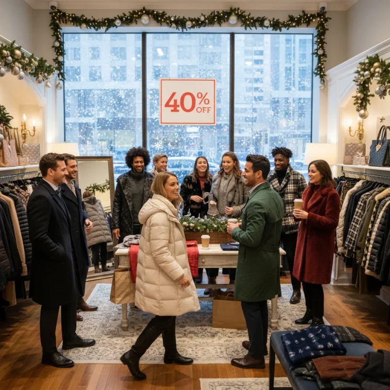 People happily shopping for winter outerwear with a 40% off sale banner
