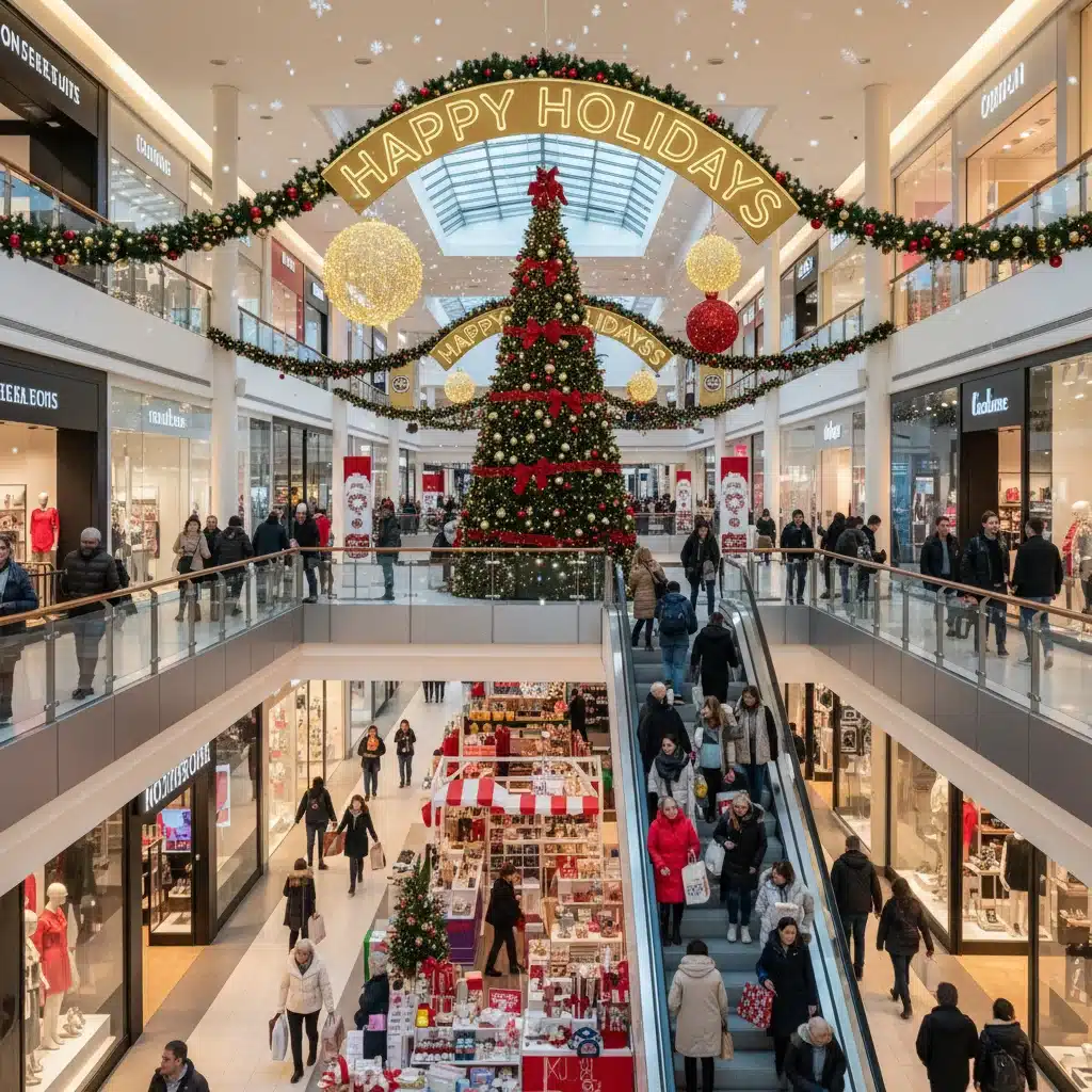 Busy shopping mall during holiday season with festive decorations