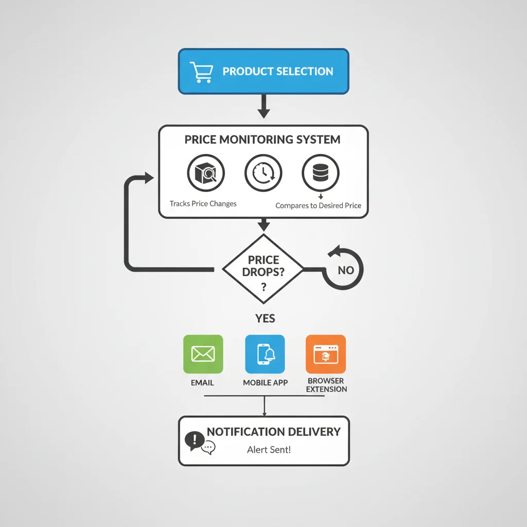 Infographic illustrating the process of price drop alert mechanisms and notification delivery.