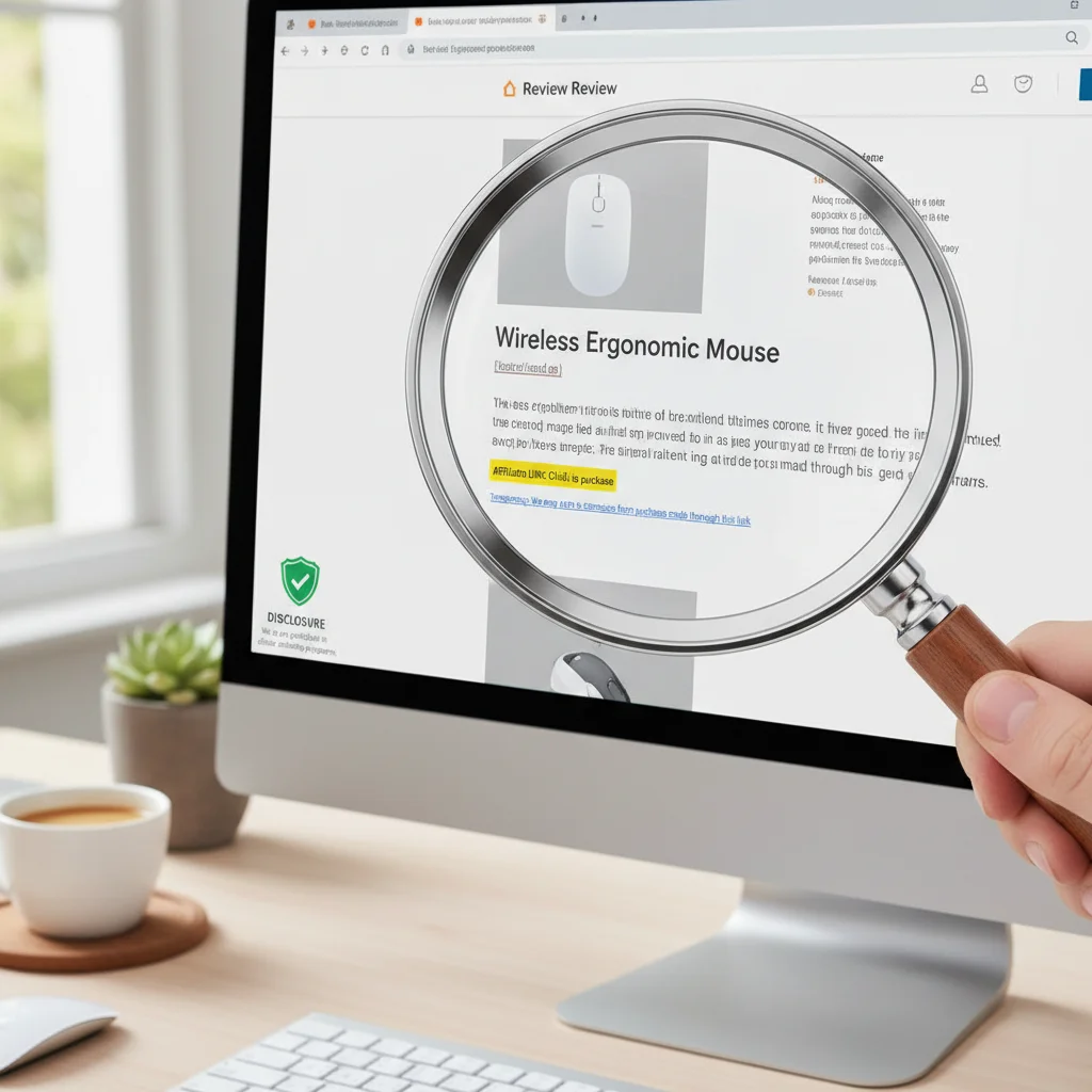 Magnifying glass examining an affiliate link disclosure on a product review website, emphasizing transparency in online recommendations.