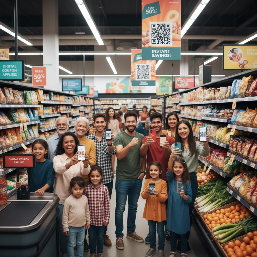 Shoppers scanning QR codes for digital coupons at grocery store