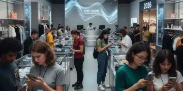 Shoppers reviewing retailer terms and conditions on devices and tags in a modern store, symbolizing informed shopping decisions.