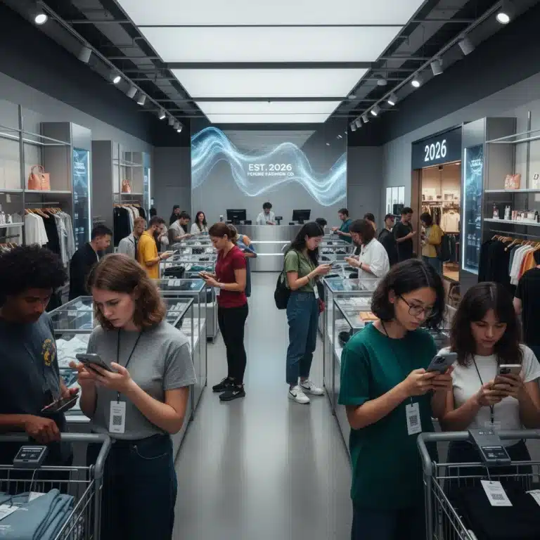 Shoppers reviewing retailer terms and conditions on devices and tags in a modern store, symbolizing informed shopping decisions.