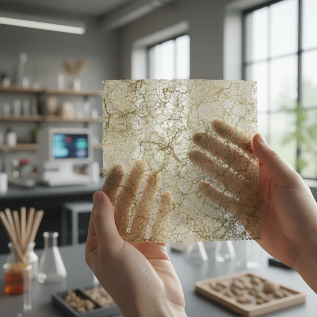 Hands holding innovative biodegradable fabric swatch, representing sustainable textile technology.