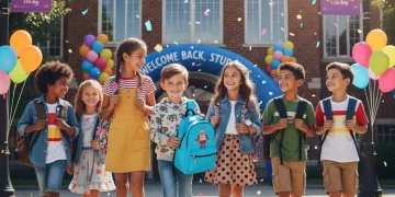 Happy kids in new back-to-school outfits, enjoying July apparel deals.