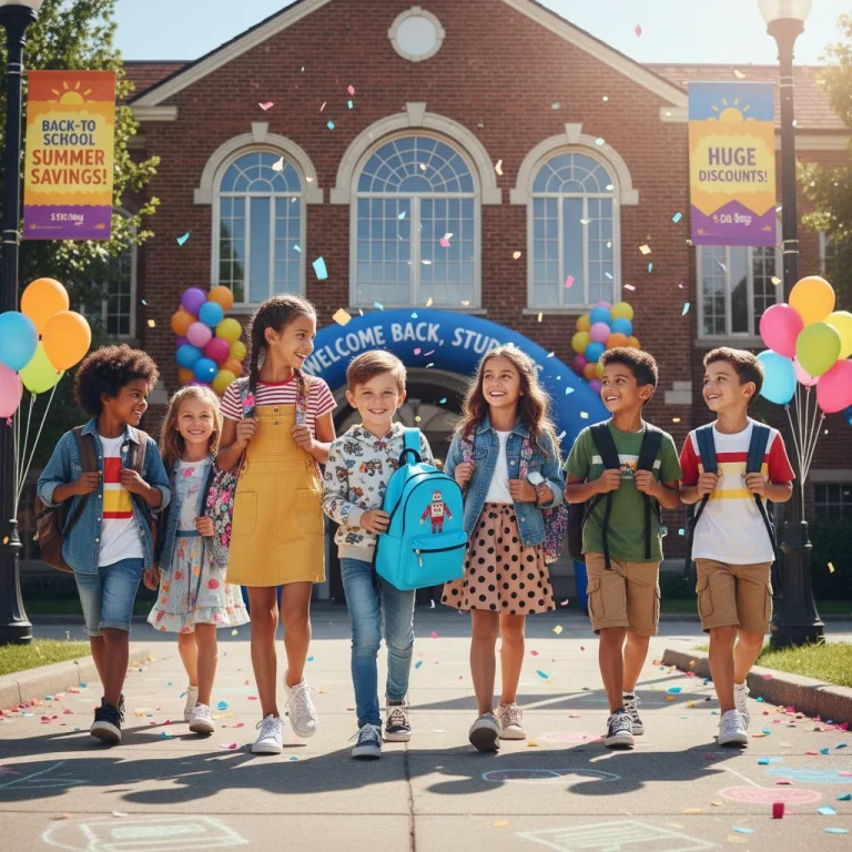 Happy kids in new back-to-school outfits, enjoying July apparel deals.